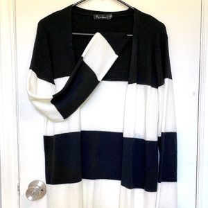 Long Black & White Block Striped Cardigan